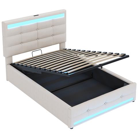 Letto Imbottito Idraulico 90x200cm, Letto Singolo, Letto Contenitore Con Usb E Luce Led Cambia Colore, Lino, Beige - Foto 4