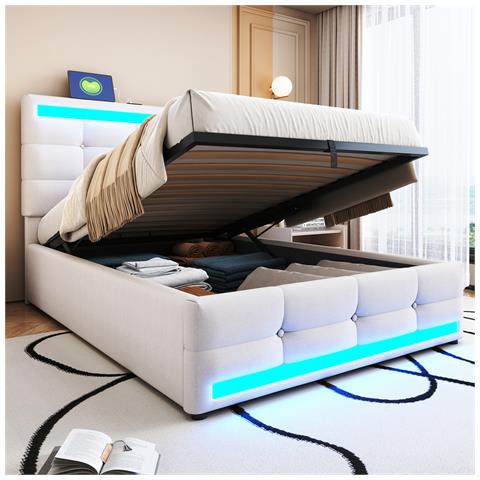 Letto Imbottito Idraulico 90x200cm, Letto Singolo, Letto Contenitore Con Usb E Luce Led Cambia Colore, Lino, Beige - Foto 1