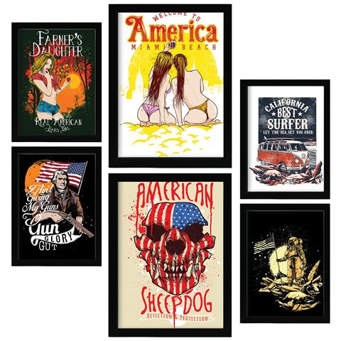 Set Di 6 Stampe America In Citazioni Rustiche Dipinti Decorativi Estetici Per Il Tuo Soggiorno, Camera Da Letto, Casa A3 & A4 Cornice Nera - Foto 1