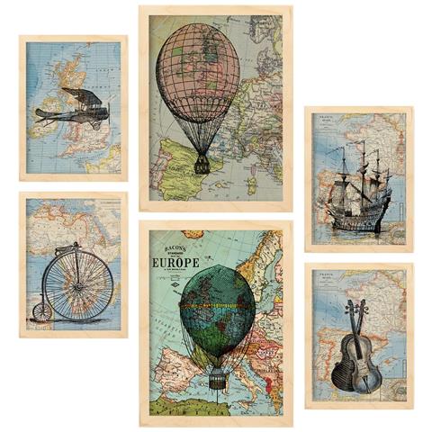 Set Di 6 Stampe Collezione Di Mappe D'epoca Con Collage Estetico Per La Decorazione D'interni A3 & A4 Telaio In Legno Chiaro - Foto 1