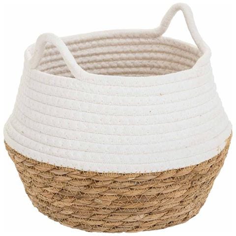 Cestino In Fibra Naturale E Cotone Bianco D22x20 - Foto 1