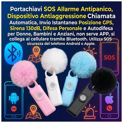 Portachiavi Allarme Antipanico, Dispositivo Antiaggressione Sos Chiamata Automatica, Invio Istantaneo Posizione Gps, Sirena 130db, Difesa Personale E Autodifesa Per Donne, Bambini E Anziani (azzurro) - Foto 2