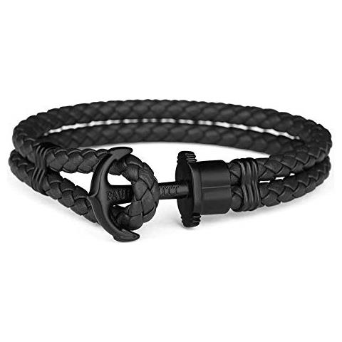 Bracciale Uomo Con Ancora Phrep - Bracciale Uomo Ancora In Pelle (nero), Bracciale Uomo Marinaro Con Ciondolo Ancora In Acciaio (nero)  - Foto 1