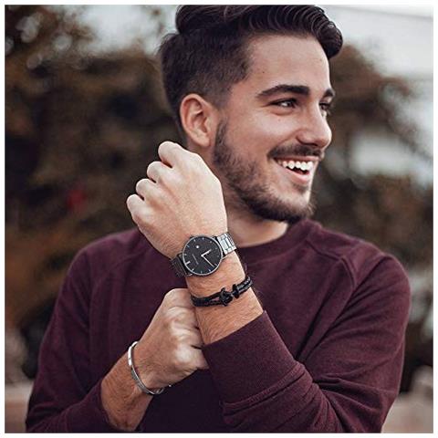 Bracciale Uomo Con Ancora Phrep - Bracciale Uomo Ancora In Pelle (nero), Bracciale Uomo Marinaro Con Ciondolo Ancora In Acciaio (nero)  - Foto 2