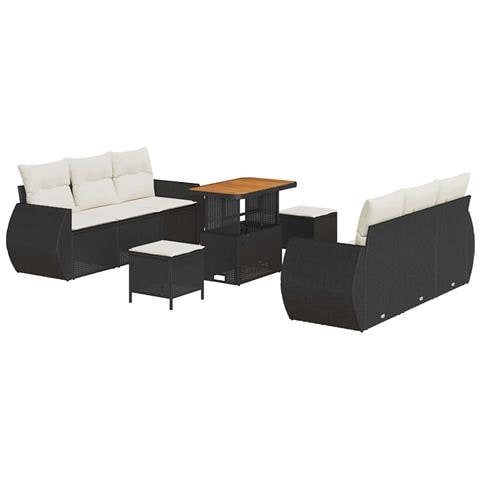 Set di Sofà da Giardino da 9 Pezzi con Cuscini Nero Polyrattan Acacia,  Set da Pranzo da Giardino da 3 Pezzi con Cuscini Nero Polyrattan Acacia - Foto 1