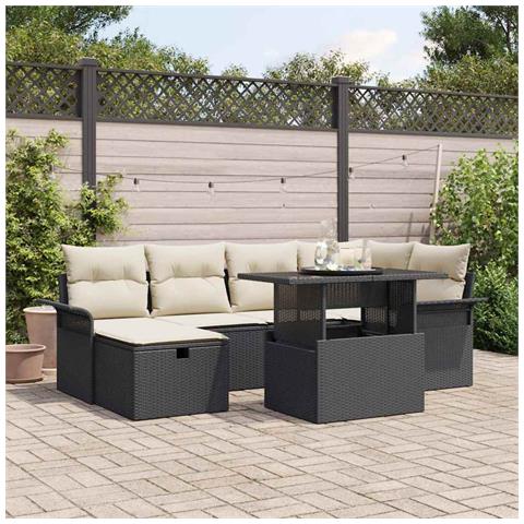 Set Divano da Giardino  7 Pezzi con Cuscini Rattan Polyrattan Nero, Divano da Giardino 2 Posti  con Ripostiglio e Cuscini Rattan Polyrattan Nero - Foto 2