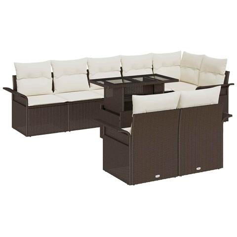 Set Divano Giardino  9 Pezzi con Cuscini Rattan Poliestere Marrone, Divano Giardino 2 Posti  con Ripostiglio e Cuscini Rattan Poliestere Marrone - Foto 1