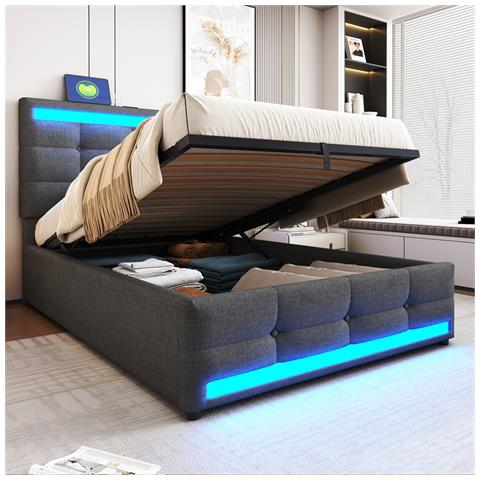 Letto Imbottito Idraulico 90x200cm, Letto Singolo, Letto Contenitore Con Usb E Luce Led Cambia Colore, Lino, Grigio - Foto 1