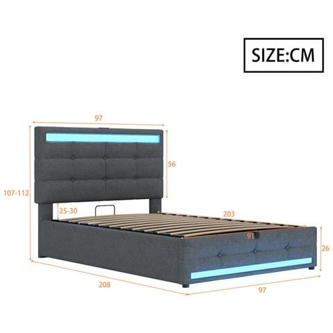 Letto Imbottito Idraulico 90x200cm, Letto Singolo, Letto Contenitore Con Usb E Luce Led Cambia Colore, Lino, Grigio - Foto 2