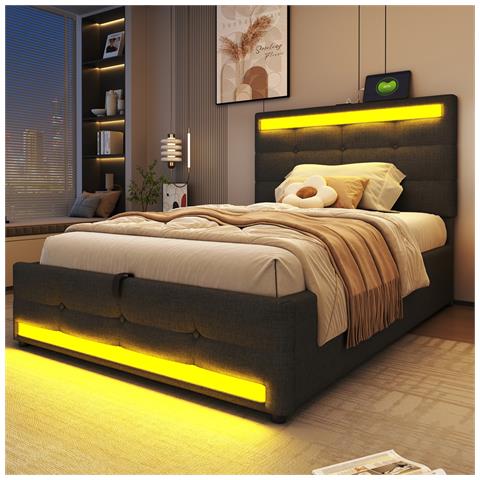Letto Imbottito Idraulico 90x200cm, Letto Singolo, Letto Contenitore Con Usb E Luce Led Cambia Colore, Lino, Grigio - Foto 4