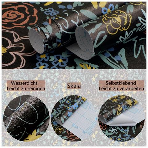 Carta Da Parati Autoadesiva Nera Fiori Colorati Impermeabile 41x300 Cm - Foto 2