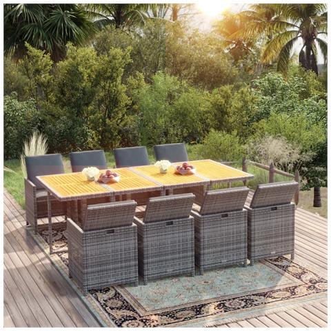 Set Pranzo da Giardino 9 pz con Cuscini in Polyrattan Grigio - Foto 2