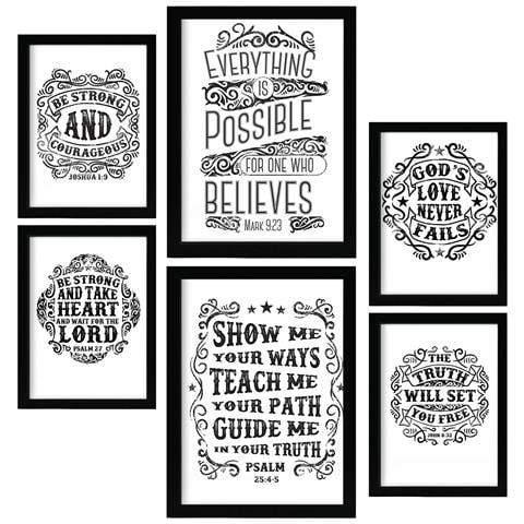 Set Di 6 Stampe Citazioni Bibliche In Stile Rustico, Dipinti Decorativi Estetici Per Il Tuo Soggiorno, Camera Da Letto, Casa A3 & A4 Cornice Nera - Foto 1