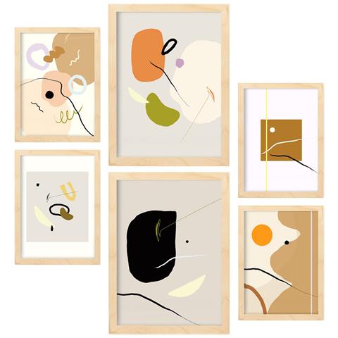 Set Di 6 Stampe Collezione Di Poster Minimalisti Con Estetica Collage Per La Decorazione D'interni A3 & A4 Telaio In Legno Chiaro - Foto 1
