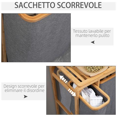 Cesto Portabiancheria Con 3 Scomparti Estraibili In Tessuto E Bambù, 50x32x69.7cm - Foto 2