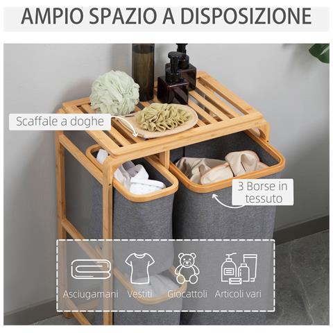 Cesto Portabiancheria Con 3 Scomparti Estraibili In Tessuto E Bambù, 50x32x69.7cm - Foto 6