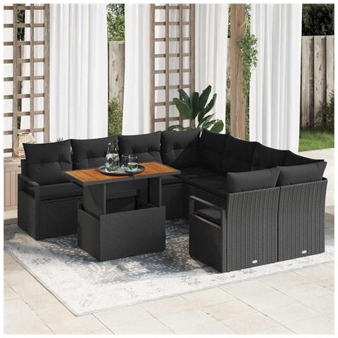 Set di Sofà da Giardino da 9 Pezzi con Cuscini Rattan Nero Acacia,  Sofà da Giardino per 2 Persone con Cuscini Rattan Nero - Foto 2