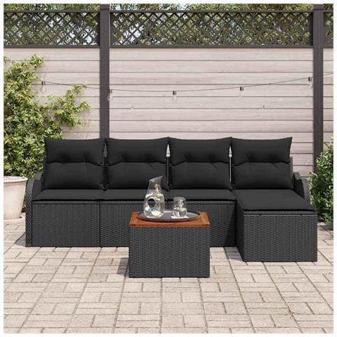 Set Divano da Giardino 6 Pezzi con Cuscini Rattan Poliestere Nero Acacia, Divano da Giardino 2 Posti con Stoccaggio&Cuscini Rattan Poliestere Nero - Foto 2
