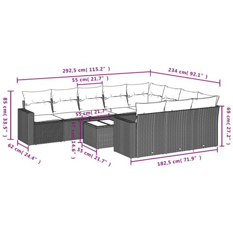 Set Divani da Giardino 11 pz con Cuscini in Polyrattan Grigio - Foto 3