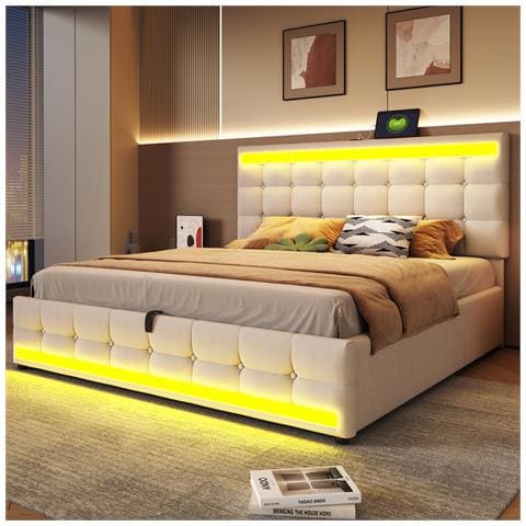 Letto Imbottito Idraulico 180x200cm, Letto Singolo, Letto Contenitore Con Usb E Luce Led Cambia Colore, Lino, Beige - Foto 2