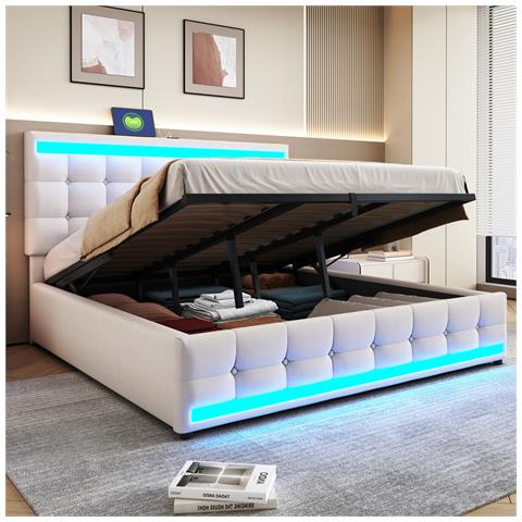 Letto Imbottito Idraulico 180x200cm, Letto Singolo, Letto Contenitore Con Usb E Luce Led Cambia Colore, Lino, Beige - Foto 1