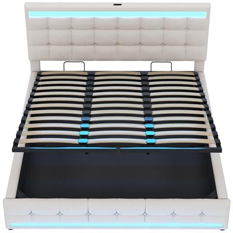 Letto Imbottito Idraulico 180x200cm, Letto Singolo, Letto Contenitore Con Usb E Luce Led Cambia Colore, Lino, Beige - Foto 4