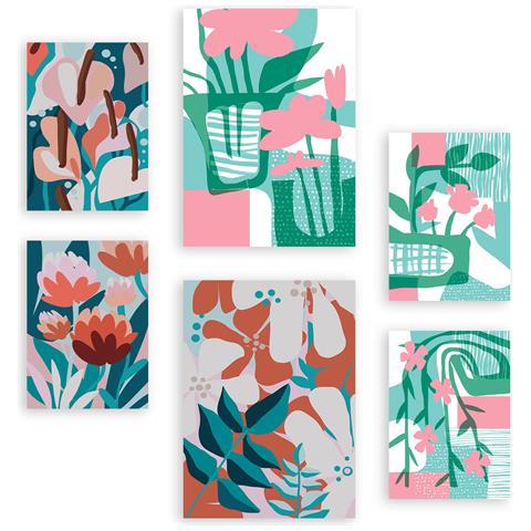 Set Di 6 Stampe Dipinti Decorativi Astratti Estetici Con Fiori Rosa E Verdi Per Il Tuo Soggiorno, Camera Da Letto E Casa A3 & A4 Senza Cornice - Foto 1