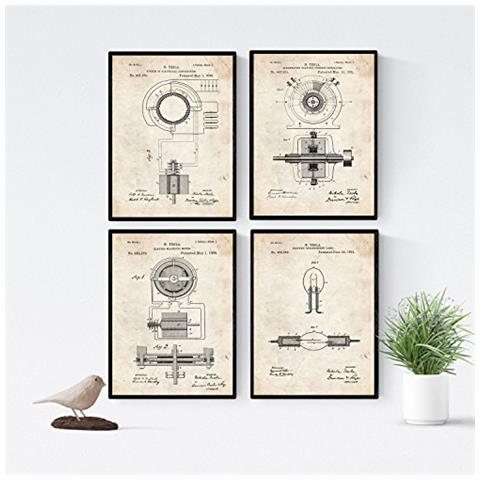 Set Di 4 Stampe Su Sfondo Brevetto Macchinari Energia Elettrica Progetto Iniziale Per Produzione Energia Elettrica Oggetti Cornice Nera A4 - Foto 1