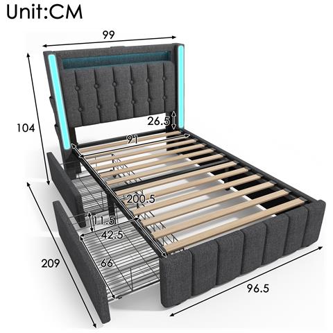 Letto Singolo Grigio Con Porta Usb Per 4 Dispositivi E Due Cassetti Di Stoccaggio - Foto 3