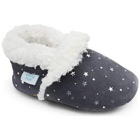 Dotty Pesce Camoscio Del Bambino Pantofole. Caldo Pile Foderato. Scarpe Bambino Bambini Piccoli. Antisdrucciolevole Molle Sole. Ragazzi Ragazze. Grigio Con Silver Stars. 4-5 Anni. - Foto 1