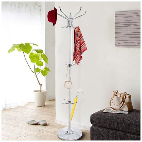 Attaccapanni Appendiabiti Piantana In Metallo 16 Ganci Con Portaombrelli Bianco - Foto 2