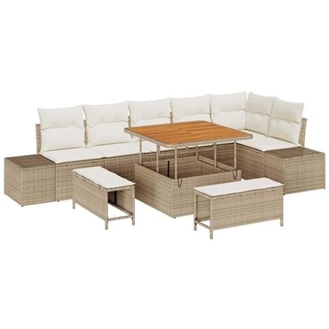 Set di Divani da Giardino  9 Pezzi con Cuscini Beige Polyrattan Acacia, Divano da Giardino  2 Posti con Cuscini Beige Polyrattan, Set di Mobili da Giardino  3 Pezzi con Cuscini Beige Polyrattan Acacia - Foto 1