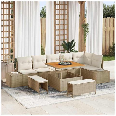 Set di Divani da Giardino  9 Pezzi con Cuscini Beige Polyrattan Acacia, Divano da Giardino  2 Posti con Cuscini Beige Polyrattan, Set di Mobili da Giardino  3 Pezzi con Cuscini Beige Polyrattan Acacia - Foto 2
