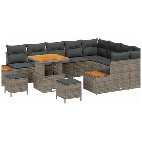 Set di Sofà da Giardino di 12 Pezzi con Cuscini in Polyrattan Grigio e Acacia, Set da Pranzo da Giardino di 3 Pezzi con Cuscini in Polyrattan Grigio e Acacia - Foto 1