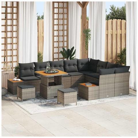 Set di Sofà da Giardino di 12 Pezzi con Cuscini in Polyrattan Grigio e Acacia, Set da Pranzo da Giardino di 3 Pezzi con Cuscini in Polyrattan Grigio e Acacia - Foto 2