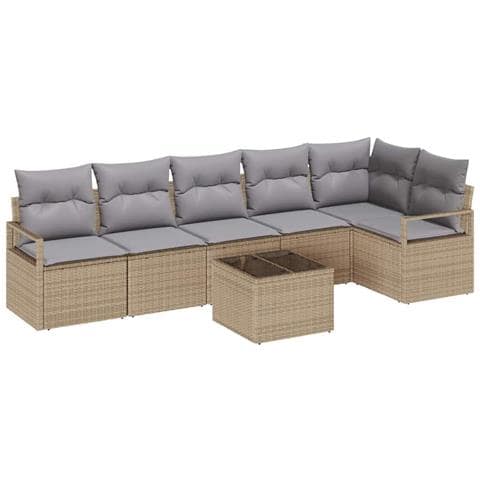 Set Divano da Giardino 7 Pezzi con Cuscini Rattan Sintetico Nero, Divano da Giardino 2 Posti con Cuscini Rattan Sintetico Beige - Foto 1
