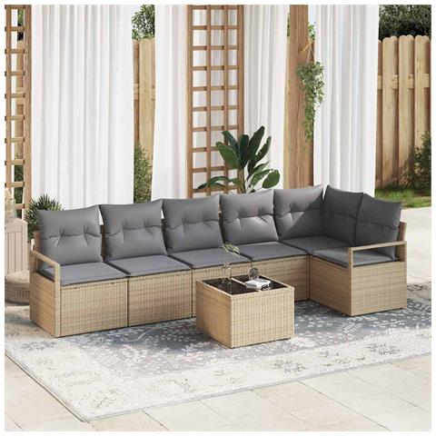 Set Divano da Giardino 7 Pezzi con Cuscini Rattan Sintetico Nero, Divano da Giardino 2 Posti con Cuscini Rattan Sintetico Beige - Foto 2