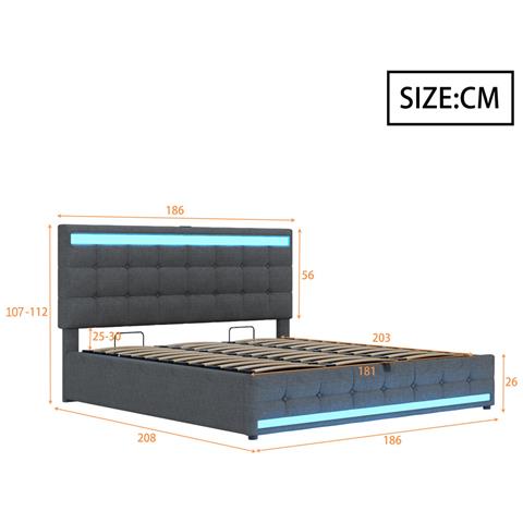 Letto Imbottito Idraulico 180x200cm, Letto Singolo, Letto Contenitore Con Usb E Luce Led Cambia Colore, Lino, Grigio - Foto 2