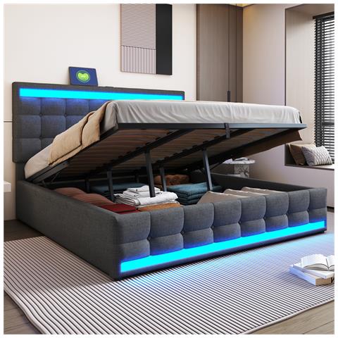 Letto Imbottito Idraulico 180x200cm, Letto Singolo, Letto Contenitore Con Usb E Luce Led Cambia Colore, Lino, Grigio - Foto 1