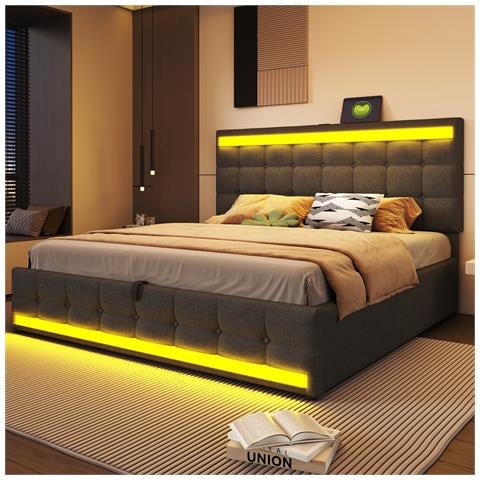 Letto Imbottito Idraulico 180x200cm, Letto Singolo, Letto Contenitore Con Usb E Luce Led Cambia Colore, Lino, Grigio - Foto 4