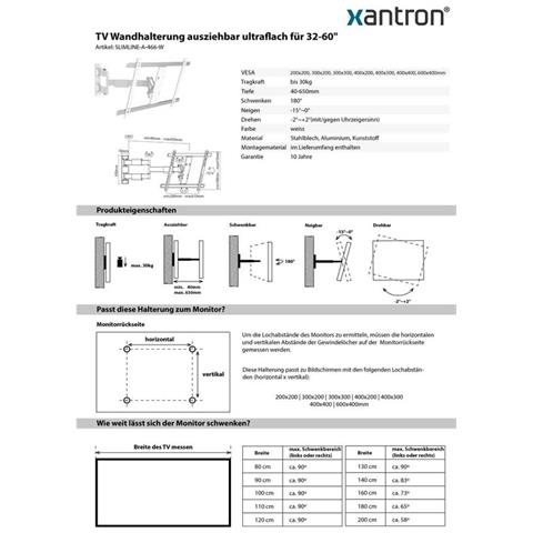 Supporto A Parete Bianco Per Monitor Tv 32-60"" Completamente Mobile, Estensibile, Orientabile, Orientabile, Inclinabile, Ruotabile, Ultrapiatto, Slimline-a-466-w - Foto 2