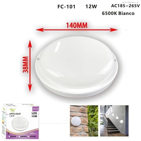 Plafoniera Applique Led Soffitto Ip65 12w Luce Bianco Freddo 6500k Fc-101 - Foto 2