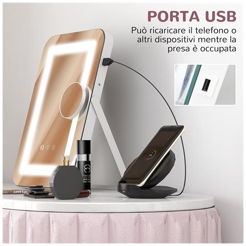 Specchio Trucco con Luci Regolabili a 3 Colori, Presa USB e Specchietto Ingranditore 10x, 31x41.5x3cm, Bianco - Foto 2