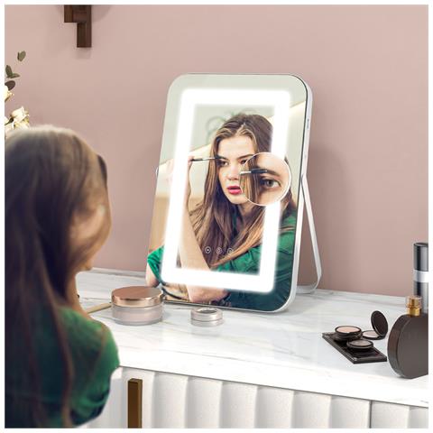 Specchio Trucco con Luci Regolabili a 3 Colori, Presa USB e Specchietto Ingranditore 10x, 31x41.5x3cm, Bianco - Foto 6