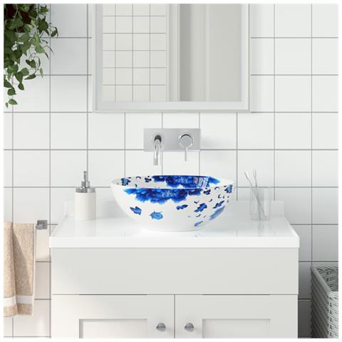 Lavabo Da Appoggio Bianco E Blu Rotondo F41x14 Cm Ceramica - Foto 1