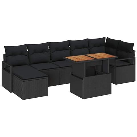 Set di Divani da Giardino 8 Pezzi con Cuscini Nero Rattan Sintetico Acacia, Divano da Giardino 2 Posti con Cuscini Nero Rattan Sintetico - Foto 1