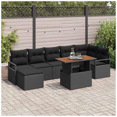 Set di Divani da Giardino 8 Pezzi con Cuscini Nero Rattan Sintetico Acacia, Divano da Giardino 2 Posti con Cuscini Nero Rattan Sintetico - Foto 2