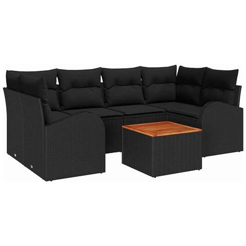 Set Divano da Giardino  7 Pz con Cuscini Nero Rattan Polietilene Acacia, Divano da Giardino  2-Persone con Contenitore e Cuscini Nero Rattan Polietilene - Foto 1
