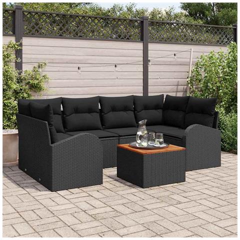 Set Divano da Giardino  7 Pz con Cuscini Nero Rattan Polietilene Acacia, Divano da Giardino  2-Persone con Contenitore e Cuscini Nero Rattan Polietilene - Foto 2