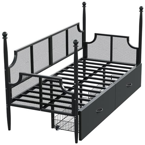 Letto In Ferro 90x200cm, Letto Singolo Con Schienale A Rete, Braccioli E Supporto A Colonna, Struttura In Metallo Con Vani Portaoggetti, Letto Per Ragazzi, Nero - Foto 2